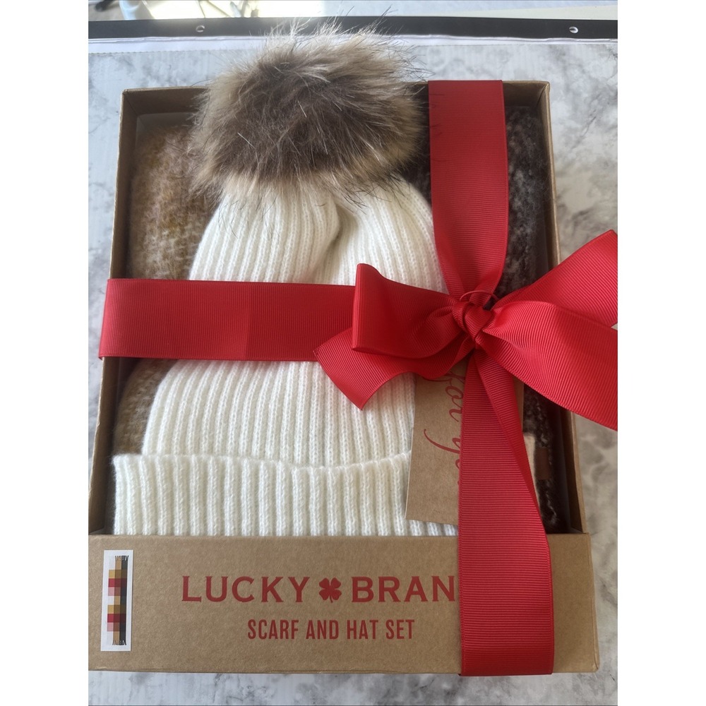 NWT Lucky Brand Women Earth Colors Scarf & Beige Hat Gift Set -